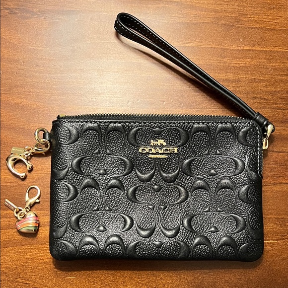 Coach Signature C Black Embossed Wristlet w/2 Gold Charms - Picture 1 of 8